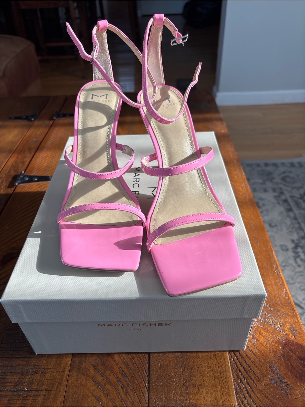 Marc Fisher Bright Pink Strappy Square-Toe Heels